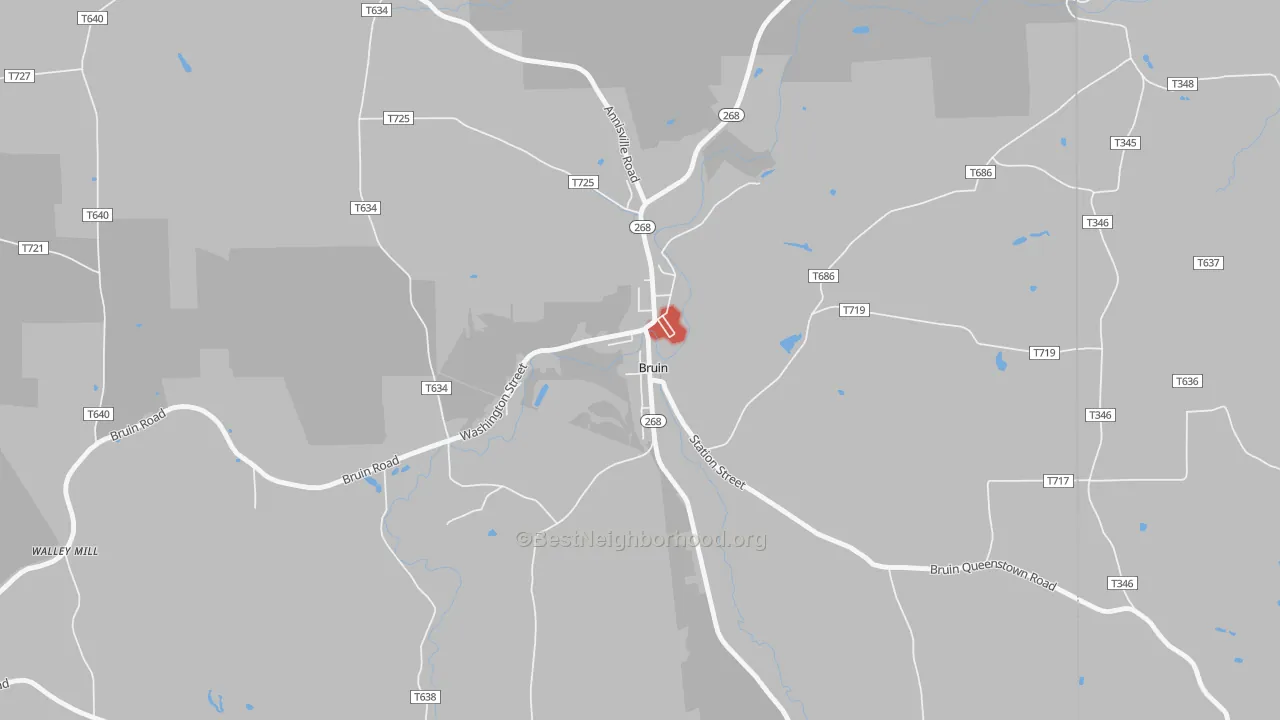 Walk Grade map of Bruin, PA, walkable areas in green and car-dependent areas in red