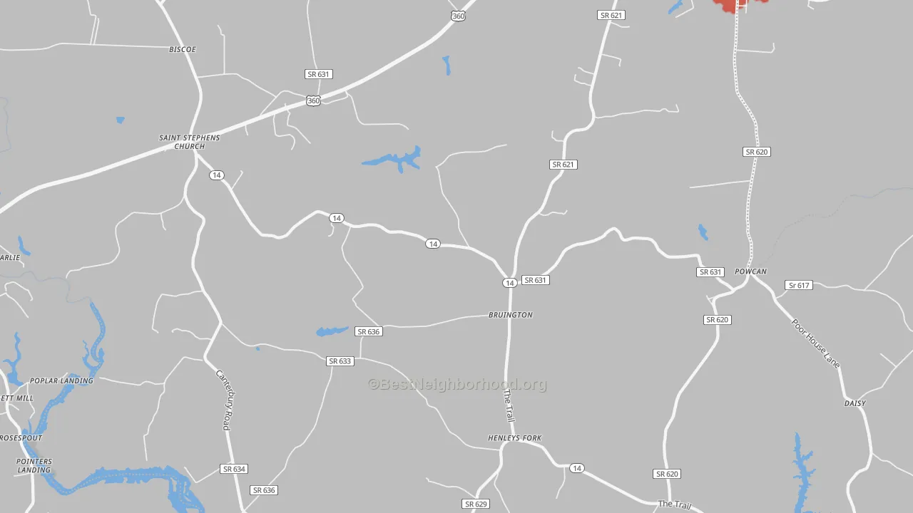 Walk Grade map of Bruington, VA, walkable areas in green and car-dependent areas in red