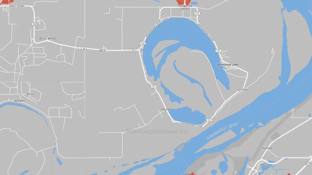 Walk Grade map of Bruins, AR, walkable areas in green and car-dependent areas in red