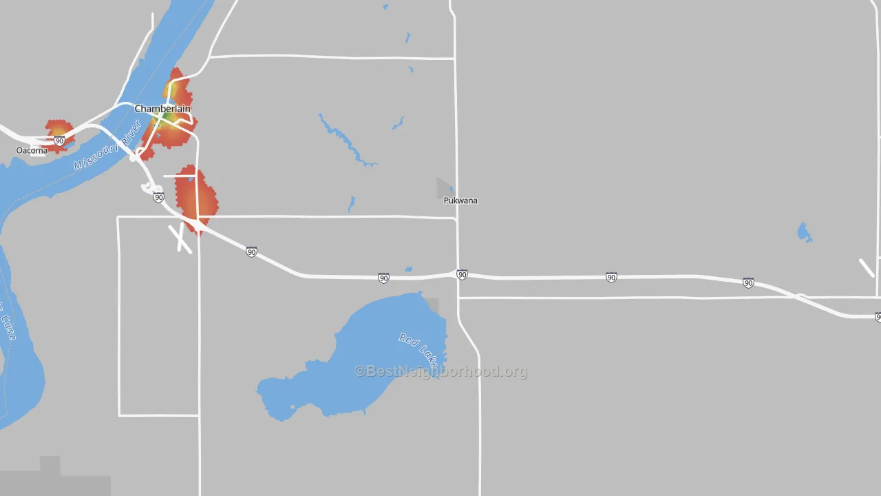 Walk Grade map of Brule County, SD, walkable areas in green and car-dependent areas in red