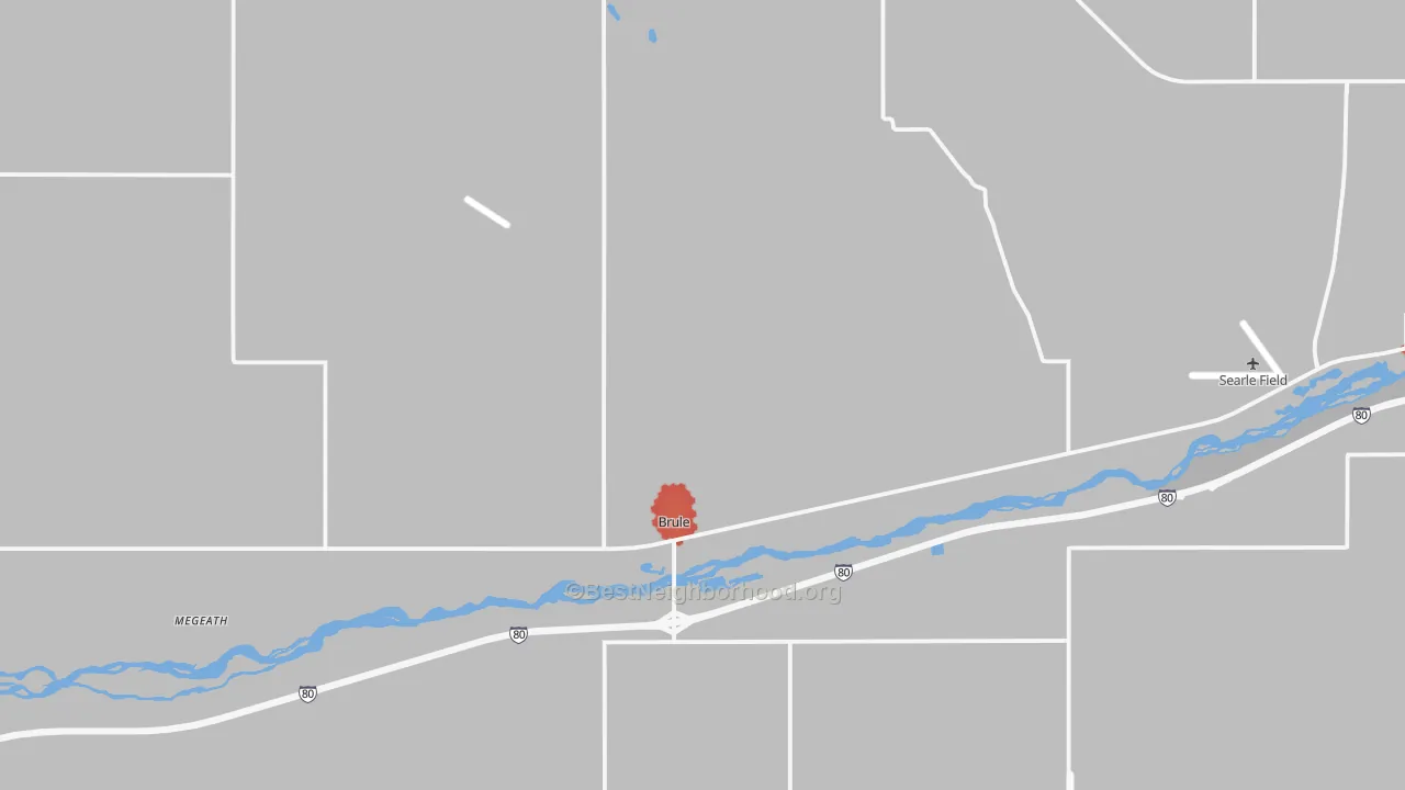 Walk Grade map of Brule, NE, walkable areas in green and car-dependent areas in red