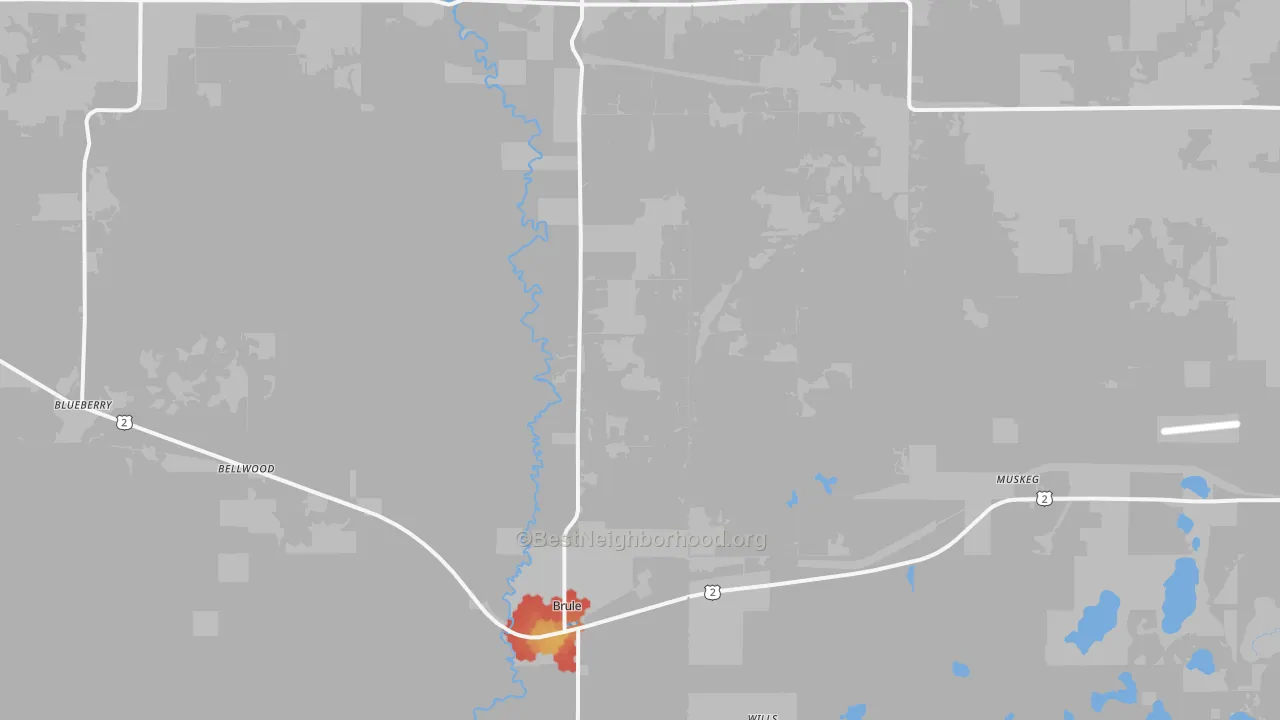 Walk Grade map of Brule, WI, walkable areas in green and car-dependent areas in red