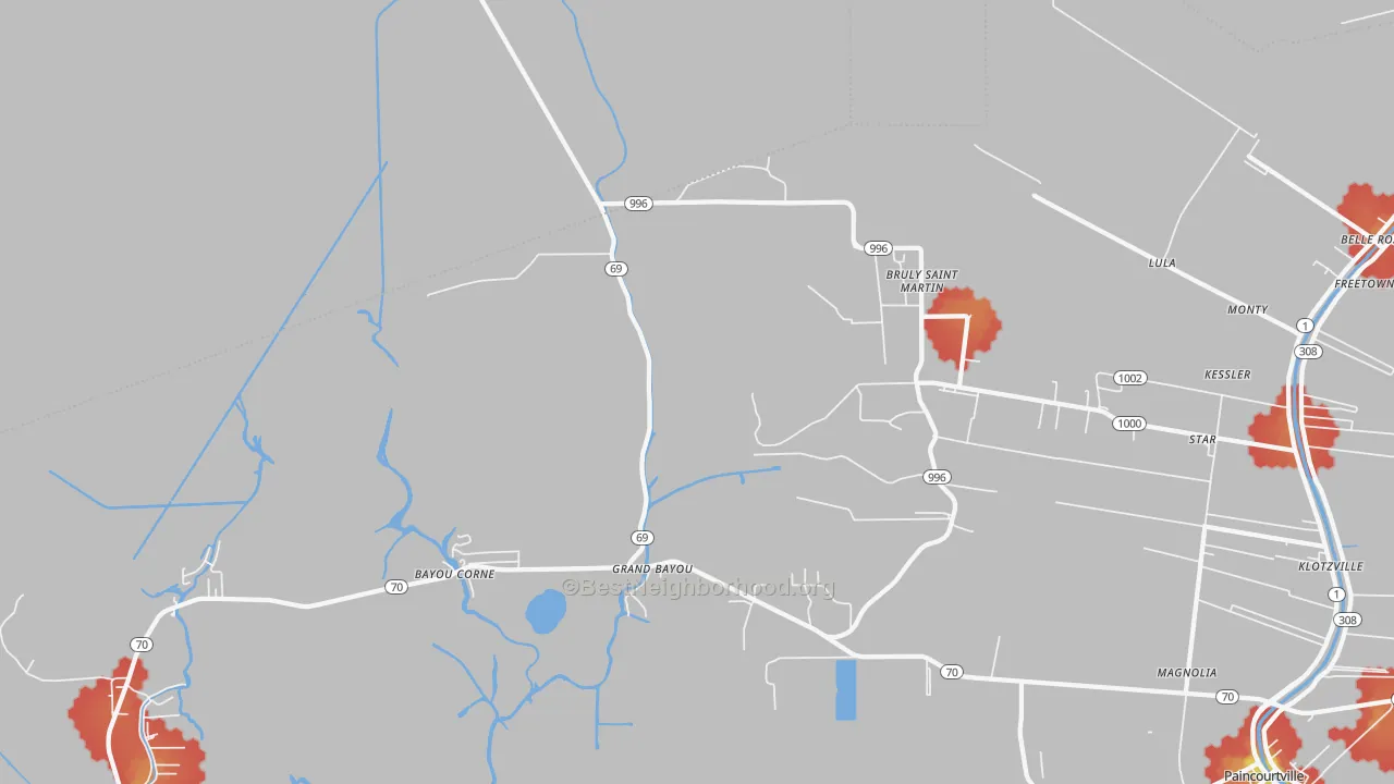 Walk Grade map of Bruly St. Martin, LA, walkable areas in green and car-dependent areas in red