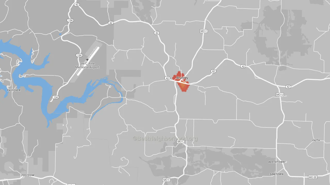 Walk Grade map of Brumley, MO, walkable areas in green and car-dependent areas in red