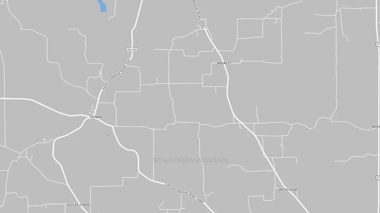 Walk Grade map of Brumley, TX, walkable areas in green and car-dependent areas in red