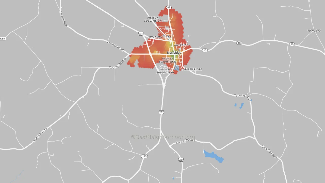 Walk Grade map of Brundidge, AL, walkable areas in green and car-dependent areas in red