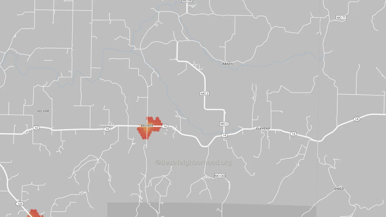 Walk Grade map of Bruner, MO, walkable areas in green and car-dependent areas in red