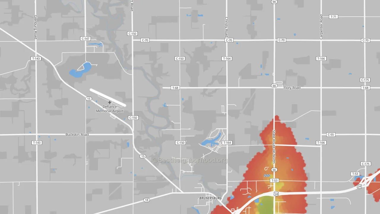 Walk Grade map of Brunersburg, OH, walkable areas in green and car-dependent areas in red