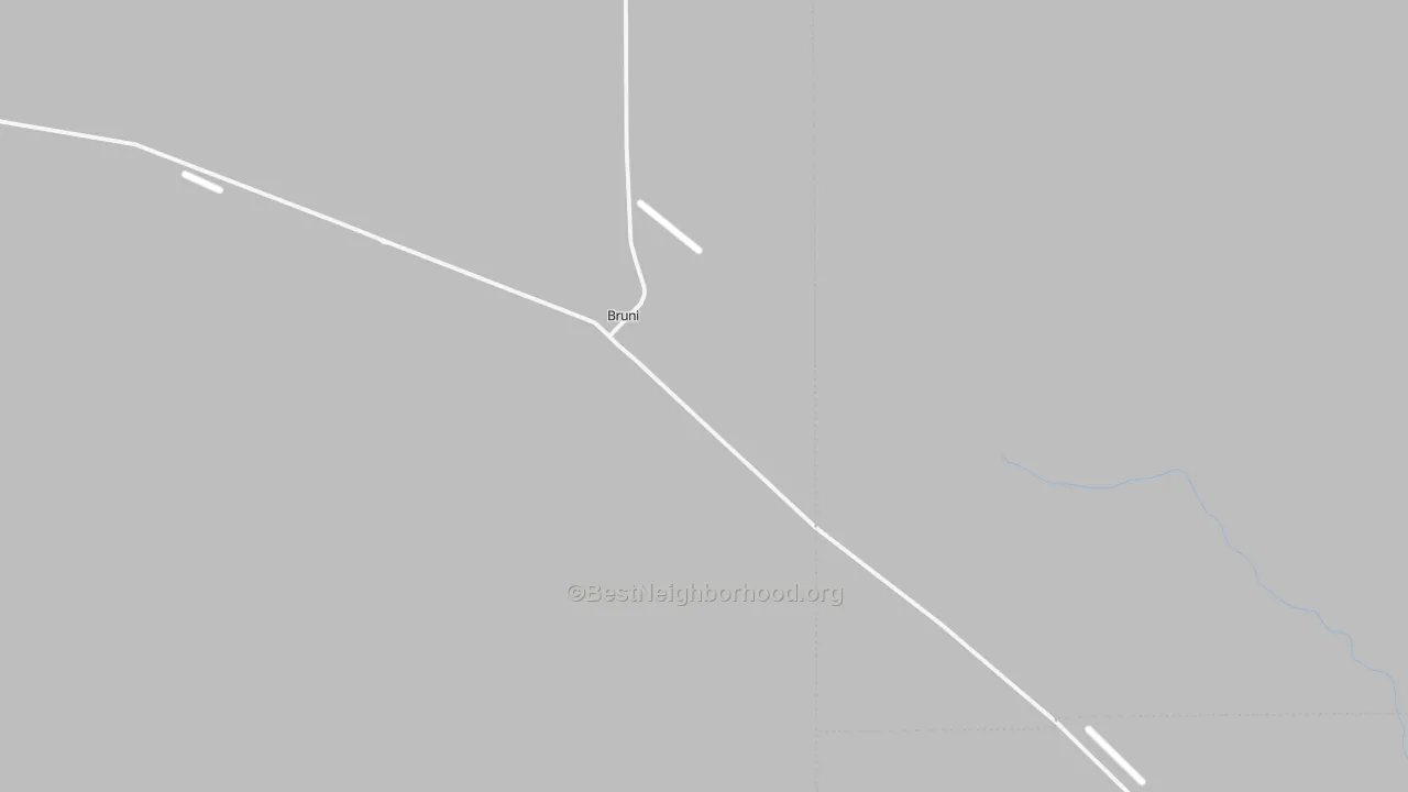 Walk Grade map of Bruni, TX, walkable areas in green and car-dependent areas in red