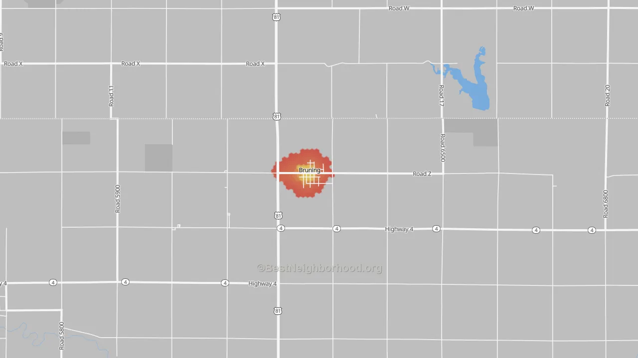 Walk Grade map of Bruning, NE, walkable areas in green and car-dependent areas in red