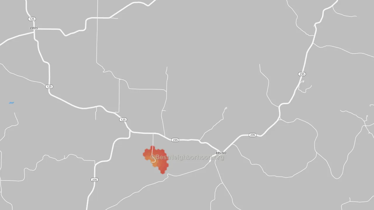 Walk Grade map of Bruno, AR, walkable areas in green and car-dependent areas in red