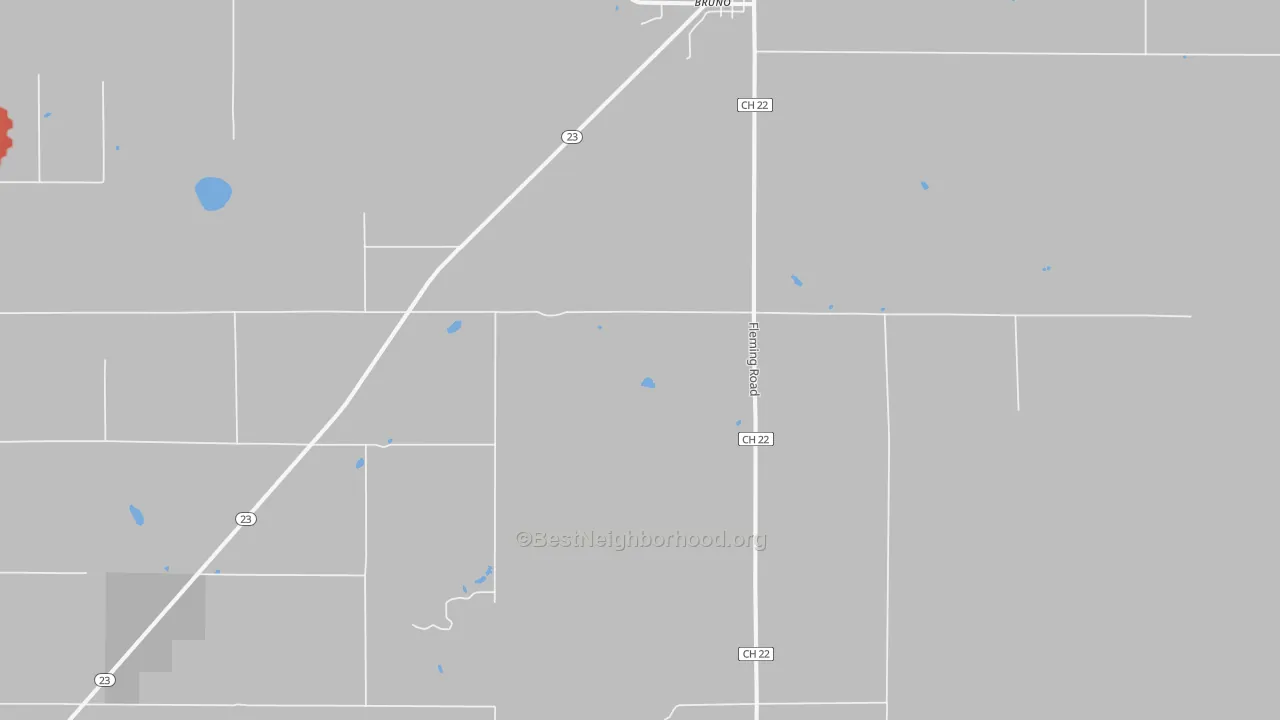 Walk Grade map of Bruno, MN, walkable areas in green and car-dependent areas in red
