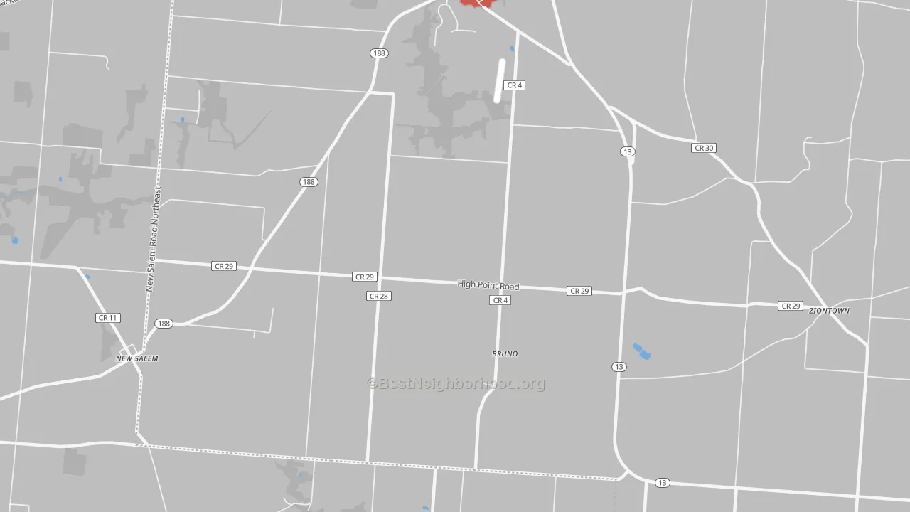 Walk Grade map of Bruno, OH, walkable areas in green and car-dependent areas in red
