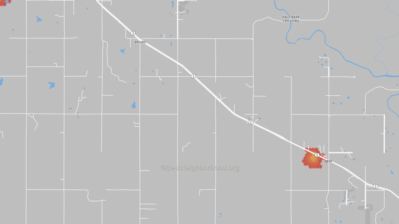 Walk Grade map of Bruno, OK, walkable areas in green and car-dependent areas in red