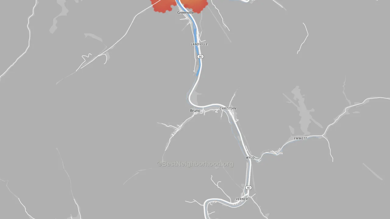 Walk Grade map of Bruno, WV, walkable areas in green and car-dependent areas in red