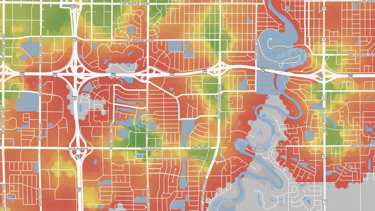 Walk Grade map of Brunsdale, Fargo, ND, walkable areas in green and car-dependent areas in red