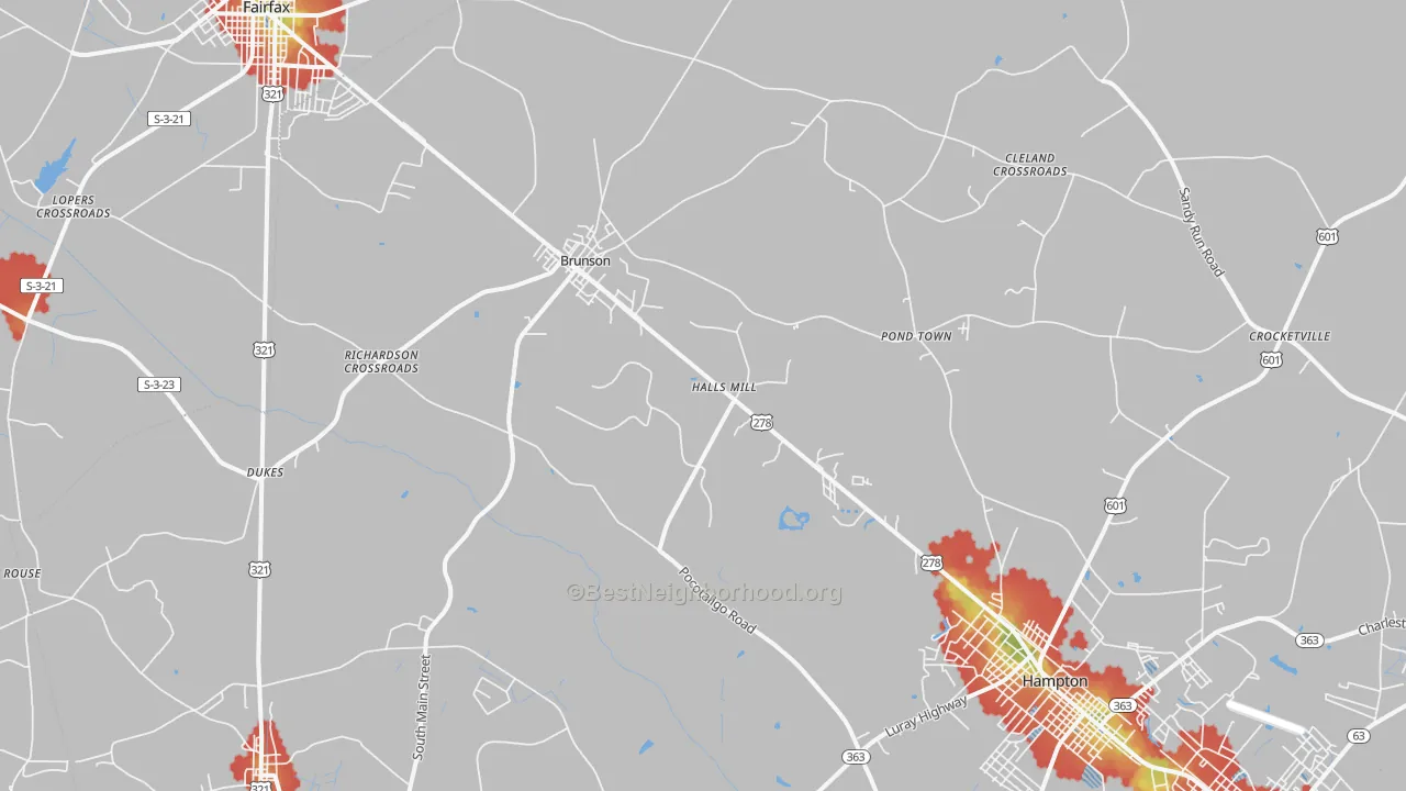 Walk Grade map of Brunson, SC, walkable areas in green and car-dependent areas in red