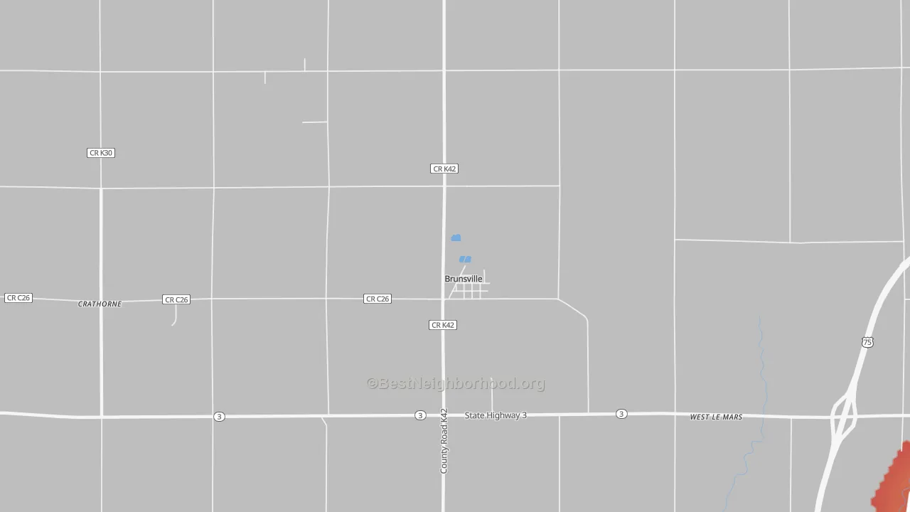Walk Grade map of Brunsville, IA, walkable areas in green and car-dependent areas in red
