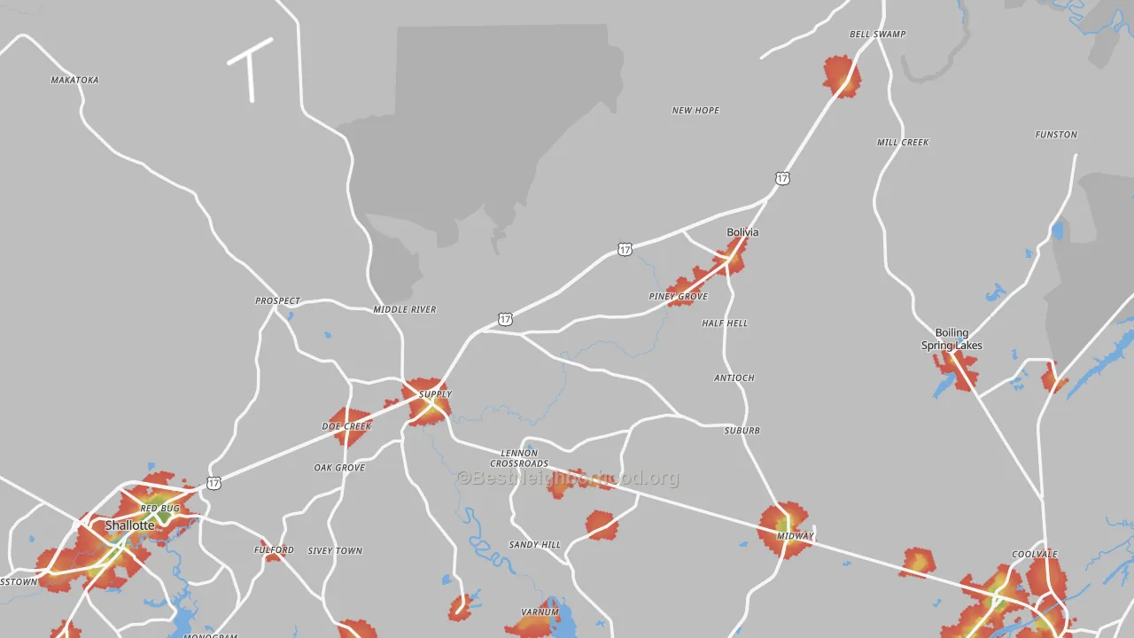 Walk Grade map of Brunswick County, NC, walkable areas in green and car-dependent areas in red