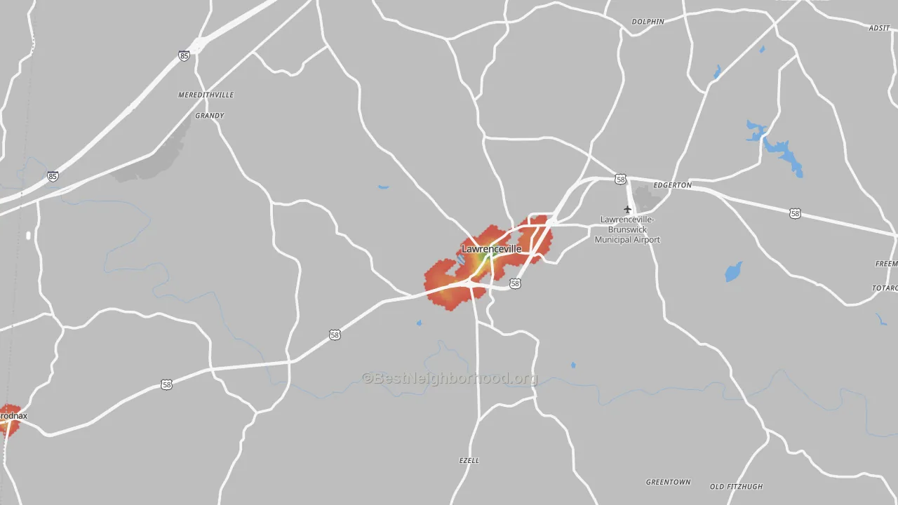 Walk Grade map of Brunswick County, VA, walkable areas in green and car-dependent areas in red
