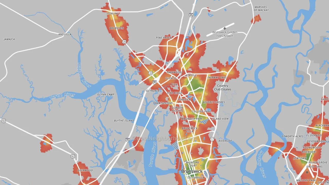 Walk Grade map of Brunswick, GA, walkable areas in green and car-dependent areas in red