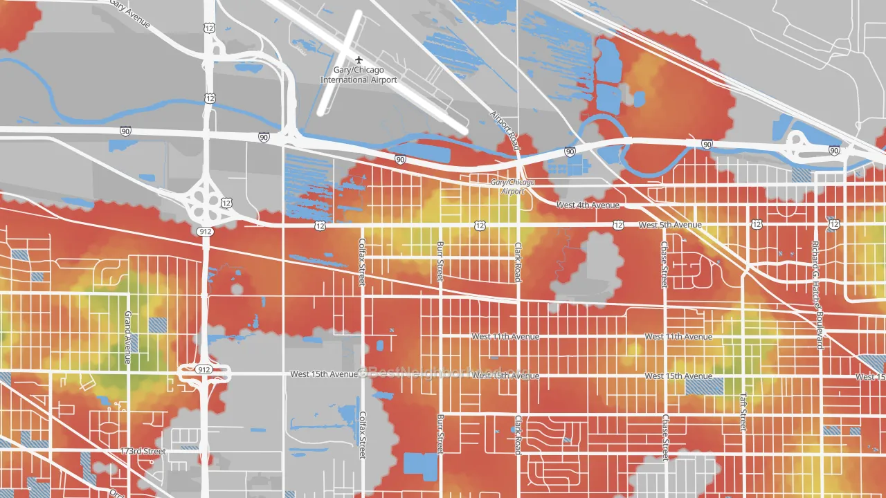 Walk Grade map of Brunswick, Gary, IN, walkable areas in green and car-dependent areas in red