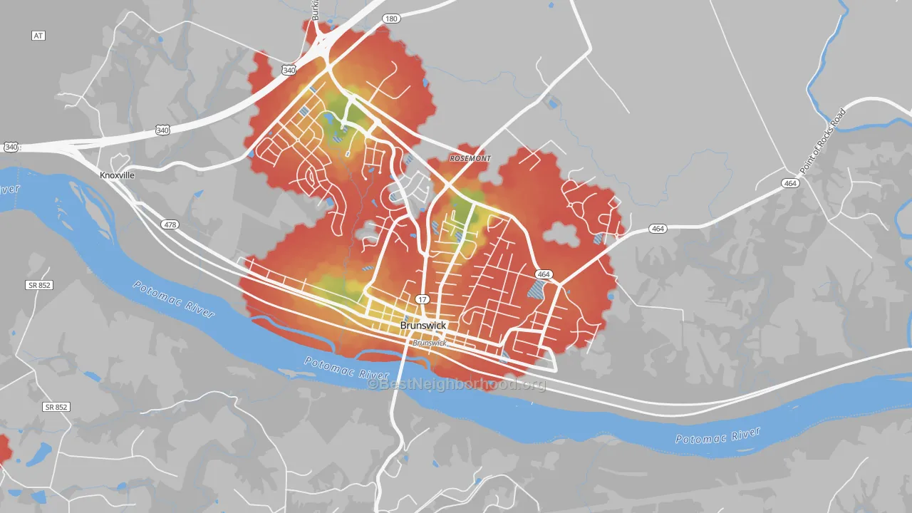 Walk Grade map of Brunswick, MD, walkable areas in green and car-dependent areas in red
