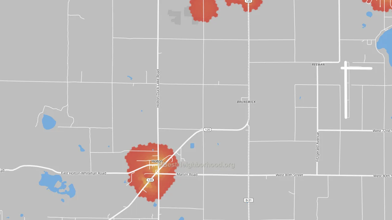Walk Grade map of Brunswick, MI, walkable areas in green and car-dependent areas in red