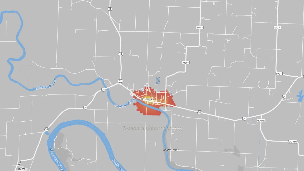 Walk Grade map of Brunswick, MO, walkable areas in green and car-dependent areas in red