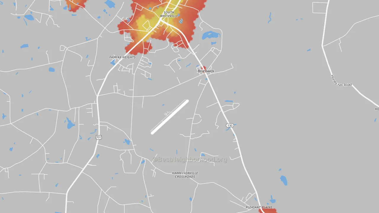 Walk Grade map of Brunswick, NC, walkable areas in green and car-dependent areas in red