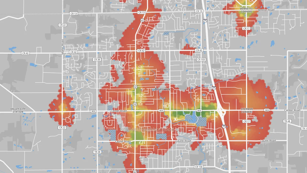 Walk Grade map of Brunswick, OH, walkable areas in green and car-dependent areas in red