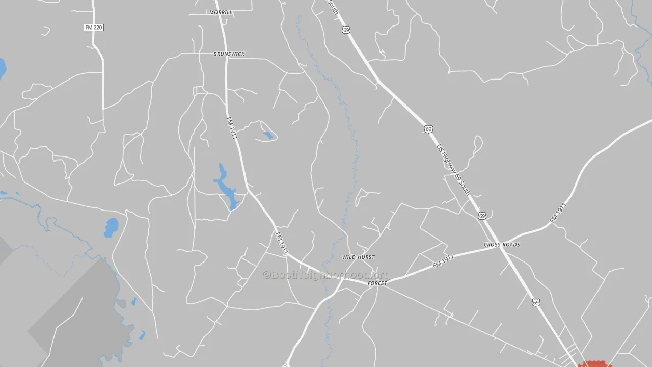Walk Grade map of Brunswick, TX, walkable areas in green and car-dependent areas in red