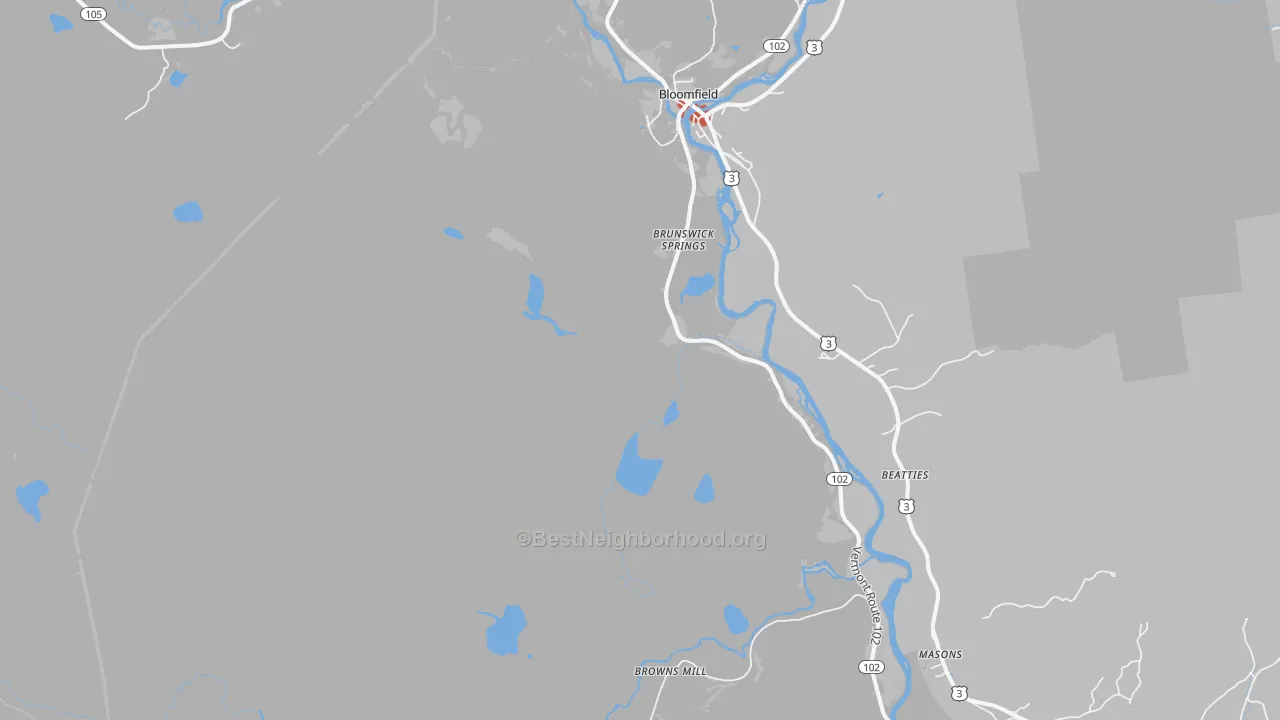 Walk Grade map of Brunswick, VT, walkable areas in green and car-dependent areas in red