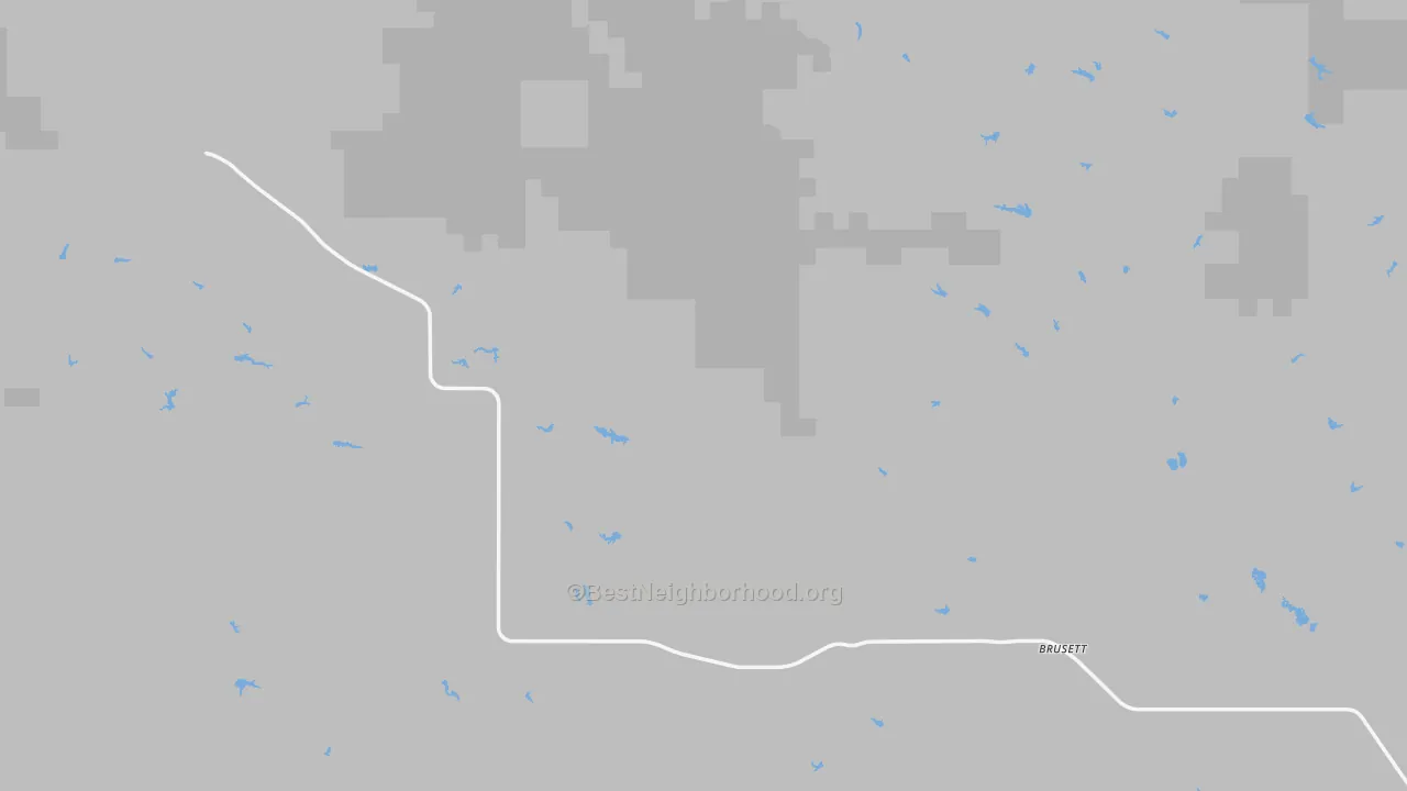 Walk Grade map of Brusett, MT, walkable areas in green and car-dependent areas in red