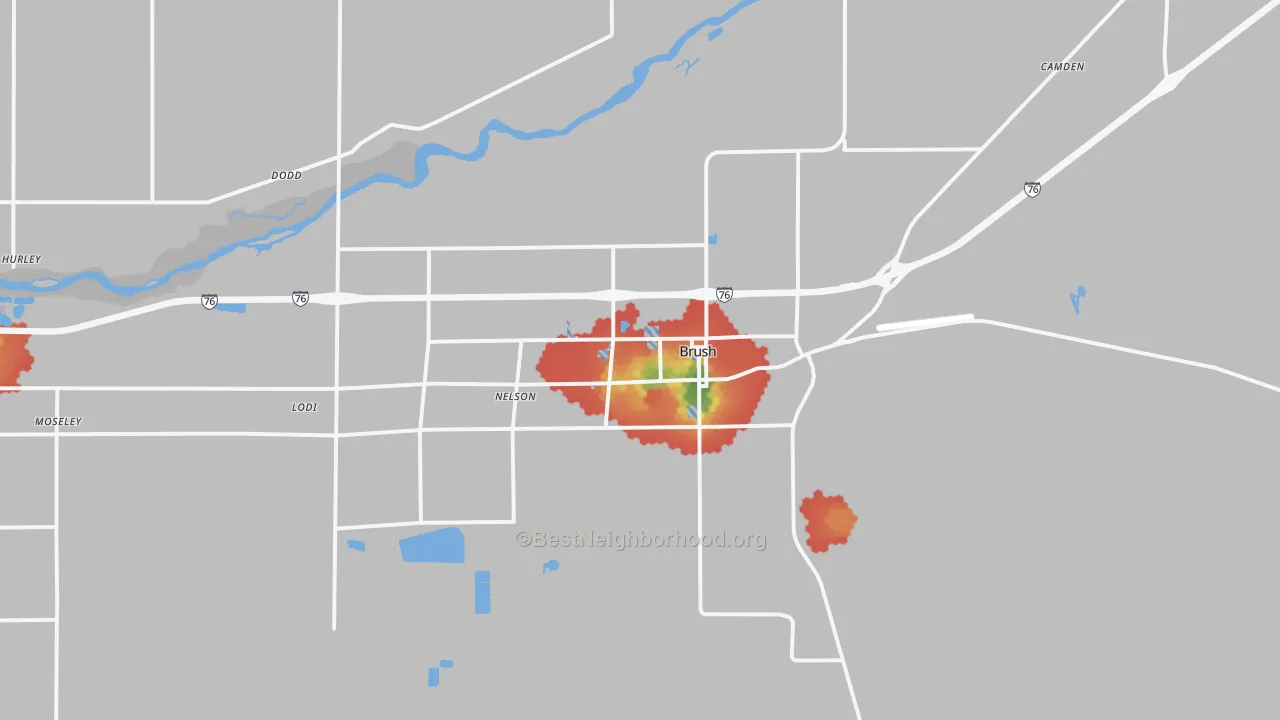 Walk Grade map of Brush, CO, walkable areas in green and car-dependent areas in red