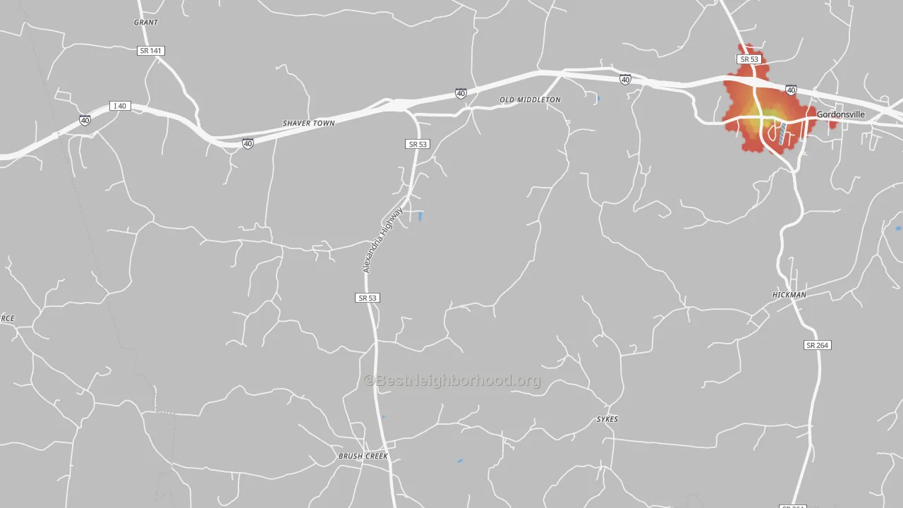 Walk Grade map of Brush Creek, TN, walkable areas in green and car-dependent areas in red