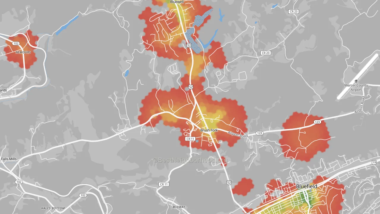 Walk Grade map of Brush Fork, WV, walkable areas in green and car-dependent areas in red