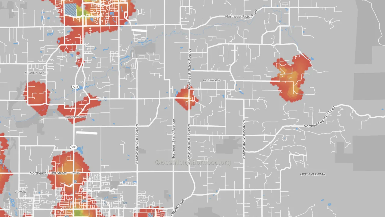 Walk Grade map of Brush Prairie, WA, walkable areas in green and car-dependent areas in red