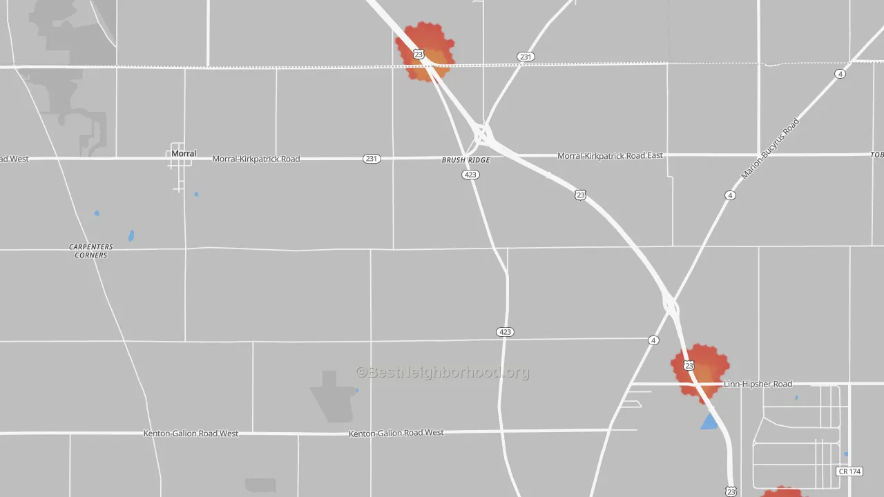 Walk Grade map of Brush Ridge, OH, walkable areas in green and car-dependent areas in red