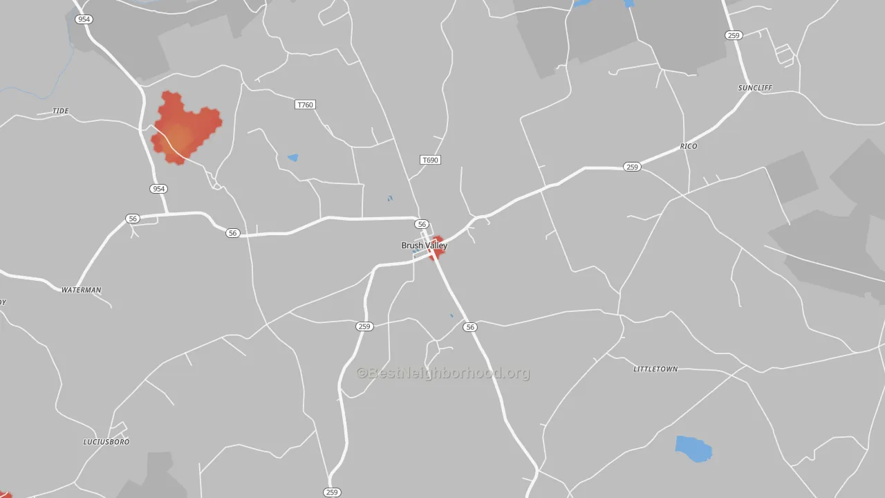 Walk Grade map of Brush Valley, PA, walkable areas in green and car-dependent areas in red