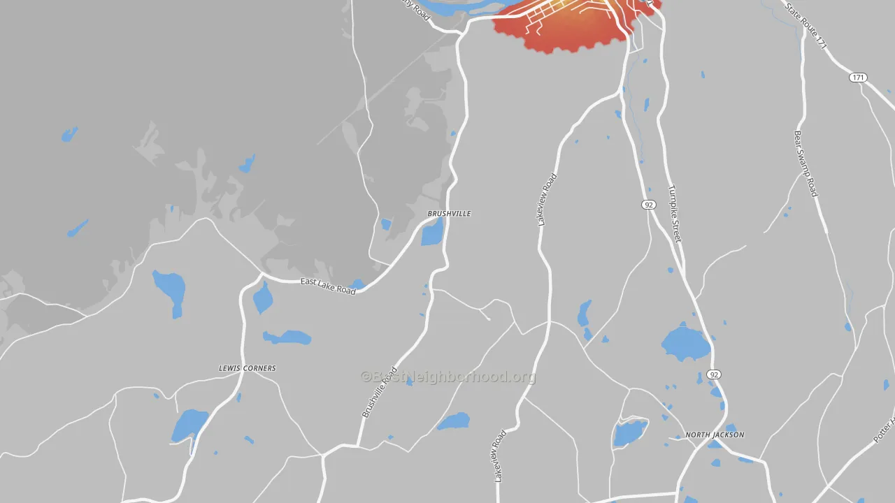 Walk Grade map of Brushville, PA, walkable areas in green and car-dependent areas in red