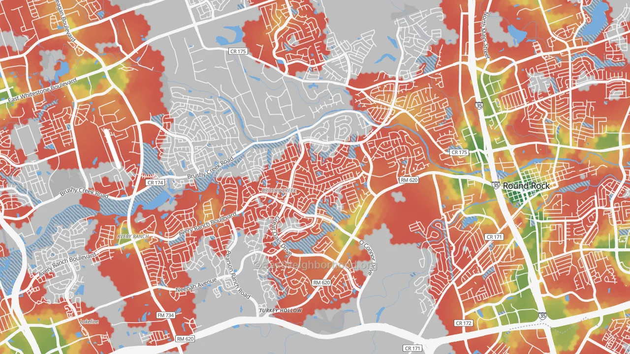 Walk Grade map of Brushy Creek, TX, walkable areas in green and car-dependent areas in red