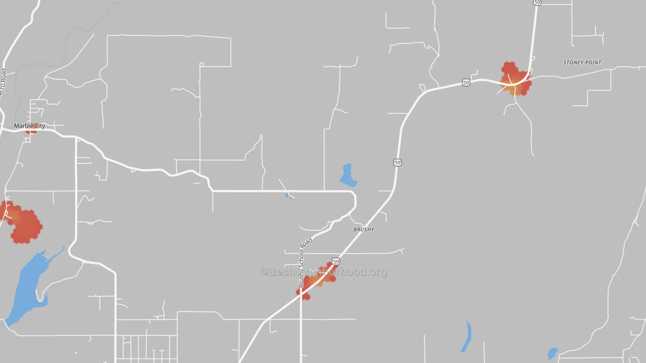 Walk Grade map of Brushy, OK, walkable areas in green and car-dependent areas in red