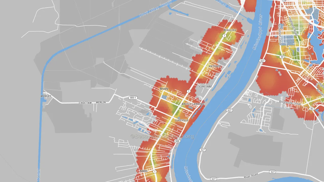 Walk Grade map of Brusly, LA, walkable areas in green and car-dependent areas in red