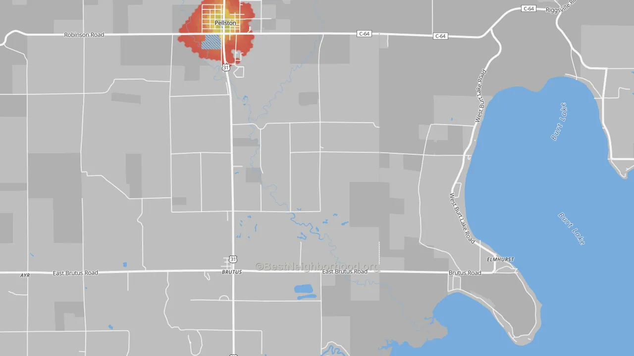 Walk Grade map of Brutus, MI, walkable areas in green and car-dependent areas in red