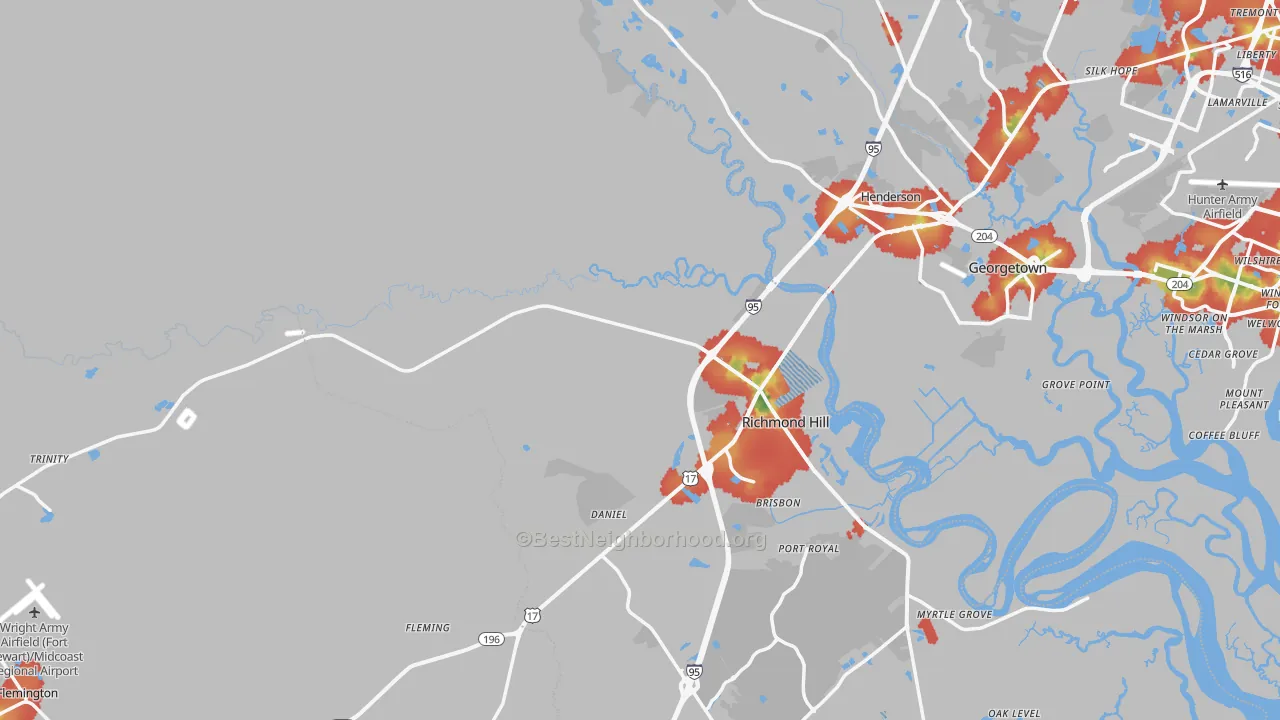 Walk Grade map of Bryan County, GA, walkable areas in green and car-dependent areas in red