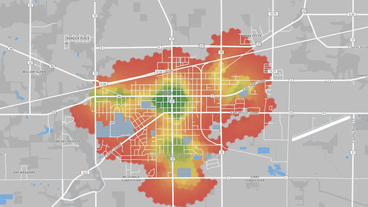 Walk Grade map of Bryan Downtown Historic District, Bryan, OH, walkable areas in green and car-dependent areas in red