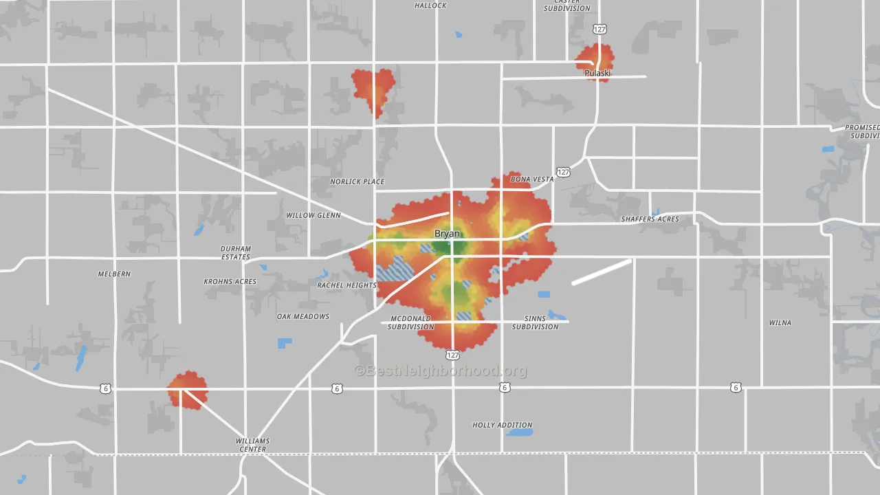 Walk Grade map of Bryan, OH, walkable areas in green and car-dependent areas in red