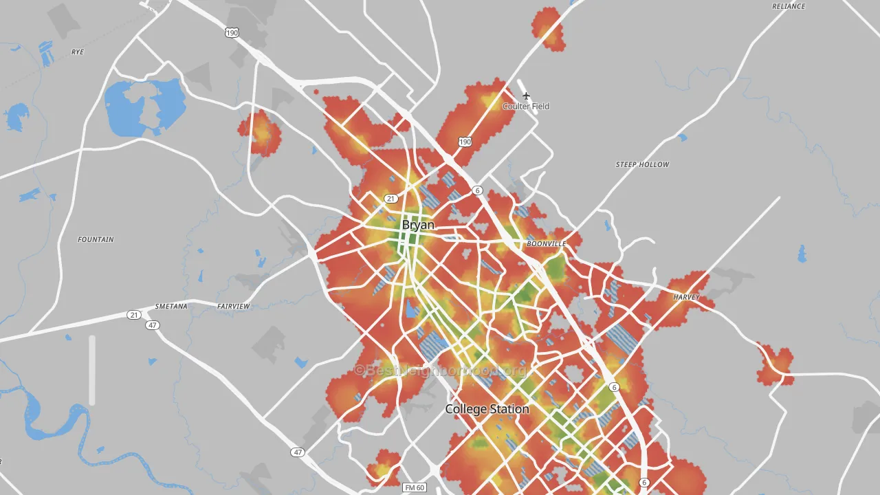 Walk Grade map of Bryan, TX, walkable areas in green and car-dependent areas in red