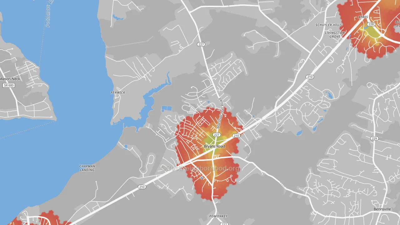 Walk Grade map of Bryans Road, MD, walkable areas in green and car-dependent areas in red